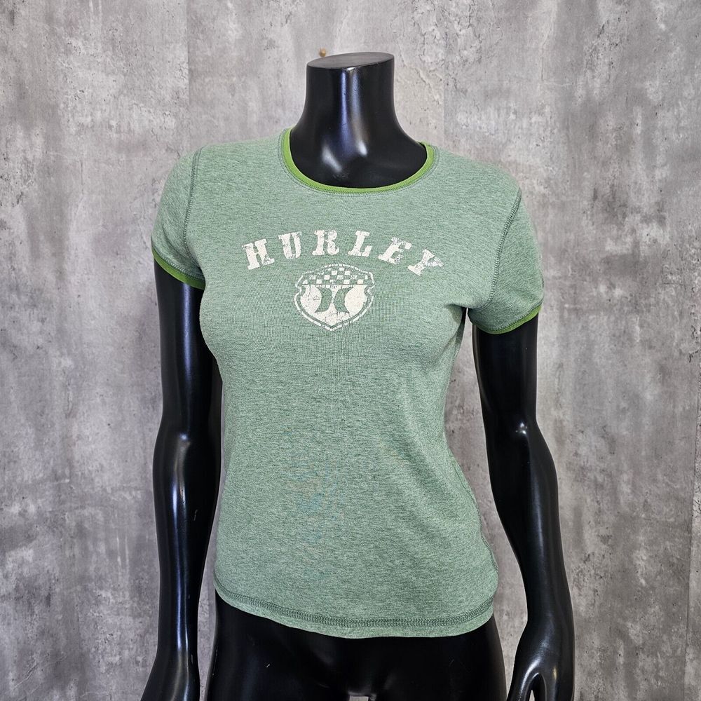 Y2k Hurley Womens S Green Baby T Shirt Short Sleeve Ringer Crop Skater